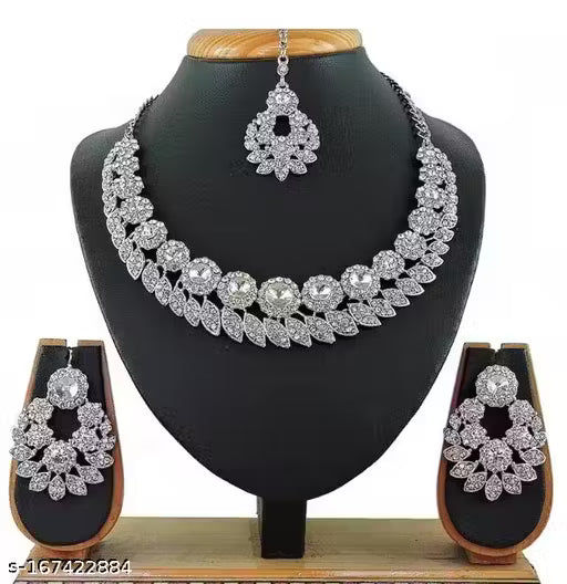 Sterling Rhodium Plated Jewellery Set with Tikka for Girls & Women