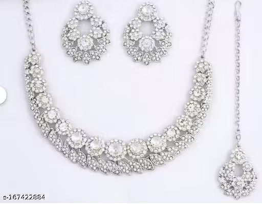 Sterling Rhodium Plated Jewellery Set with Tikka for Girls & Women