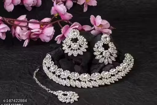 Sterling Rhodium Plated Jewellery Set with Tikka for Girls & Women