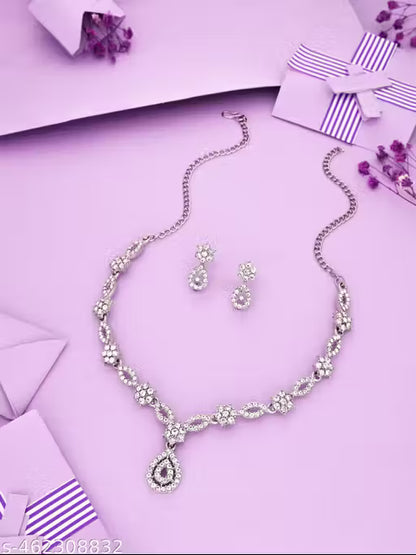silver Plated Necklace Set With American Diamond