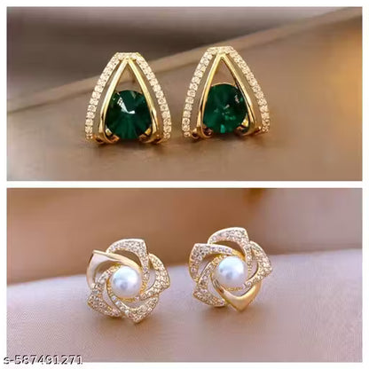 Tiso Pack of 2 Statement Studs Emerald & Pearl Stone Earrings for Girls and Women