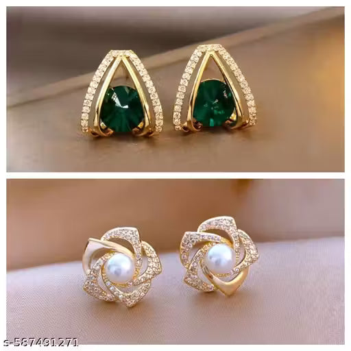 Tiso Pack of 2 Statement Studs Emerald & Pearl Stone Earrings for Girls and Women