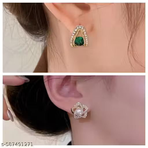 Tiso Pack of 2 Statement Studs Emerald & Pearl Stone Earrings for Girls and Women