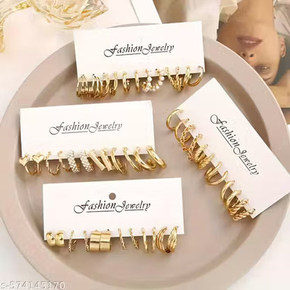 Vassaley Combo Of 24 Pairs Gold Plated Hoop And Pearl Earrings For Women And Girls