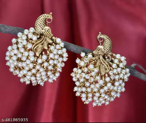WHITE PEARLS PEACOCK STUDS Breathtaking Peacock Bunch Earrings for Timeless Glamour - Temple Matte Gold Plated Cluster Pearl Golden Peacock Studs Peacock Designer Pearls Earrings Set for Women And Girls Brass Stud Earring