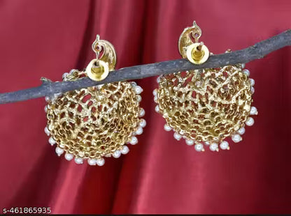 WHITE PEARLS PEACOCK STUDS Breathtaking Peacock Bunch Earrings for Timeless Glamour - Temple Matte Gold Plated Cluster Pearl Golden Peacock Studs Peacock Designer Pearls Earrings Set for Women And Girls Brass Stud Earring