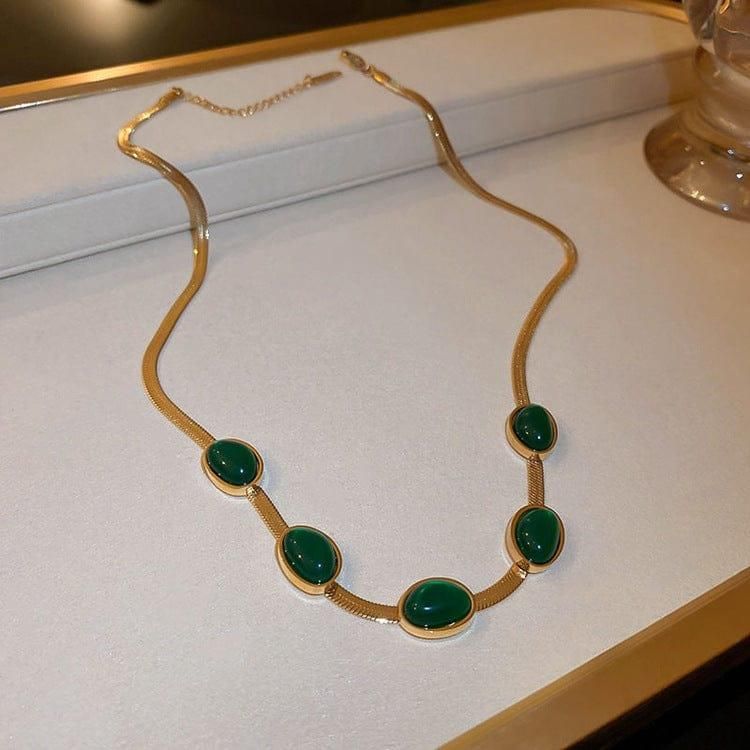 Zen Oval Green Crystal Pendant Necklace Set With Bracelet
